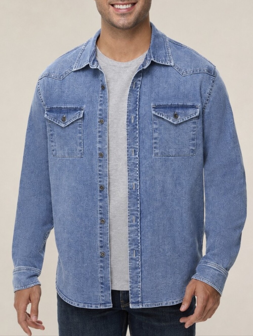 Frye Western Denim Button-Down Shirt Medium Wash Blue Stretch Men's Size XXL